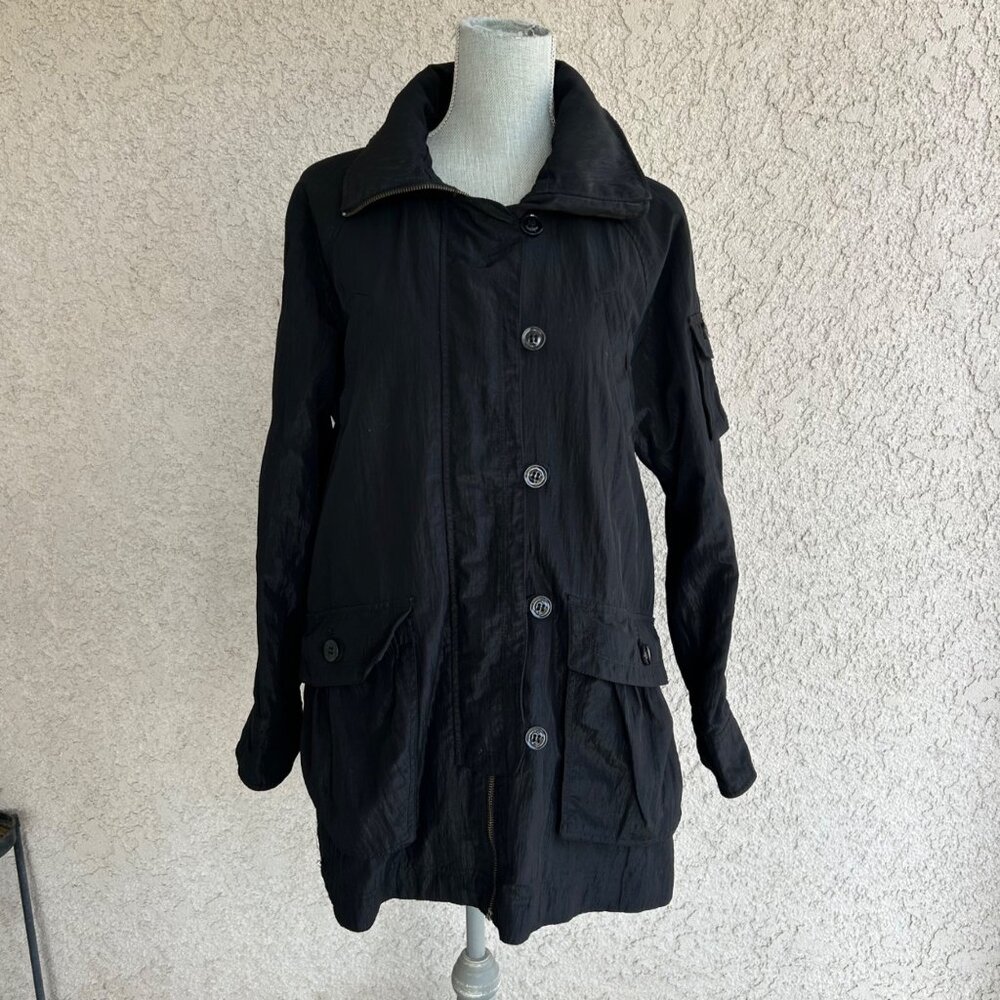 Women's Black Hooded Button-Up Utility‎ Jacket Weatherproof Raincoat - Large